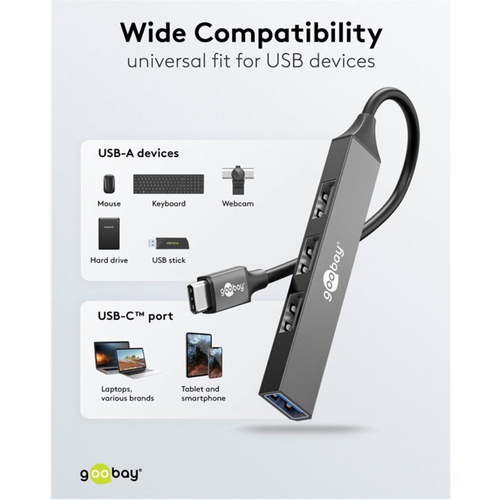 USB C til USB A hub med fire porte, bus-drevet