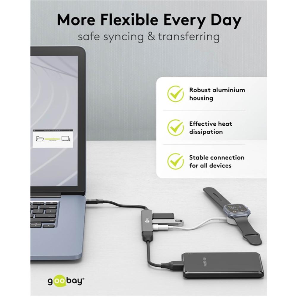 USB C til USB A hub med fire porte, bus-drevet