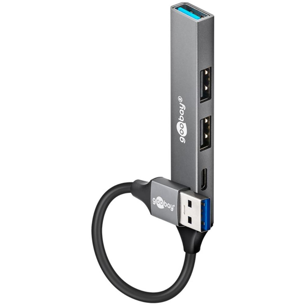 USB A hub med USB C og 3× USB A porte i kompakt, slankt design