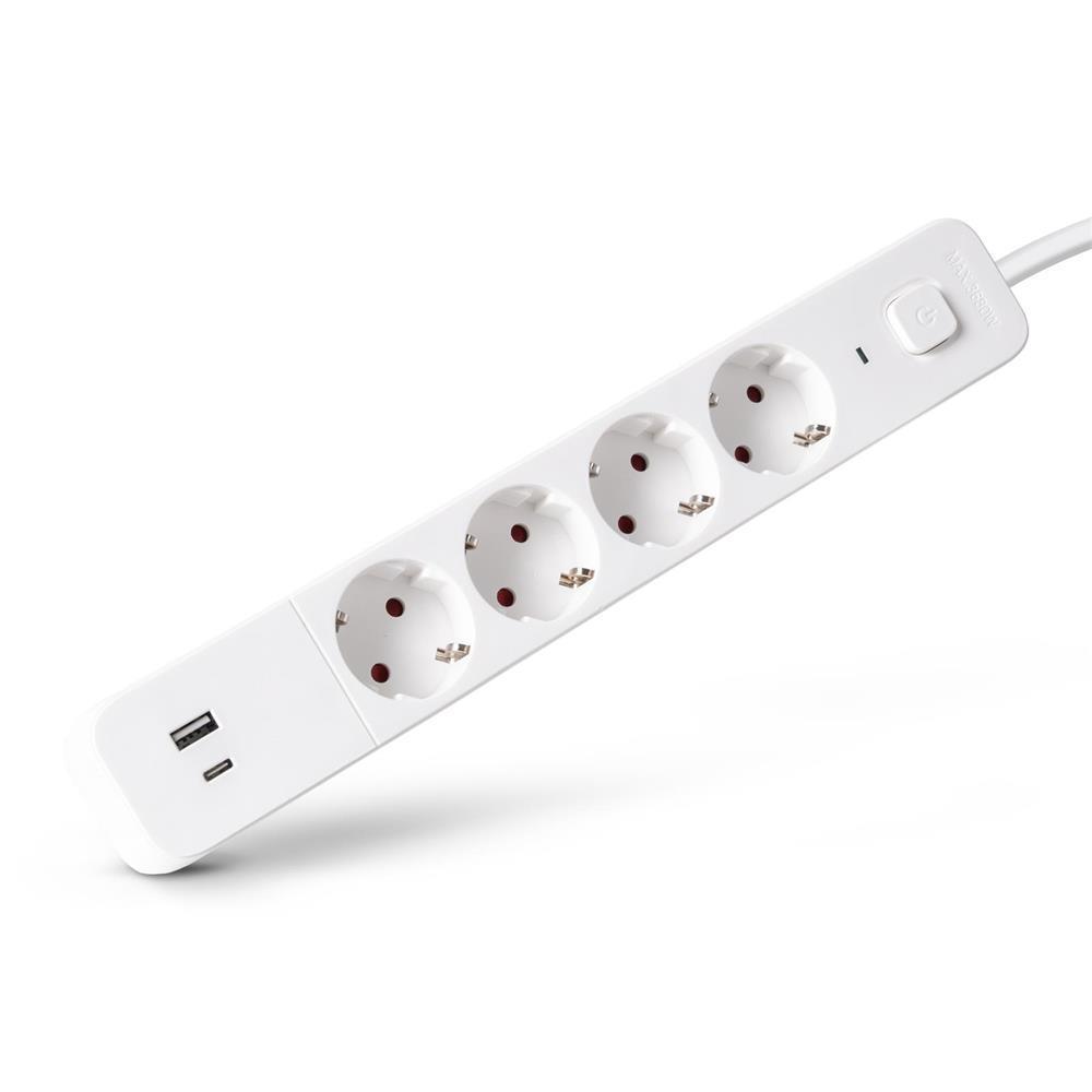 Entac Stikdåse D2 4 stikdaser med afbryder 1,5m 1xUSB-A x 1xUSB-C 3G1.5 - Entac