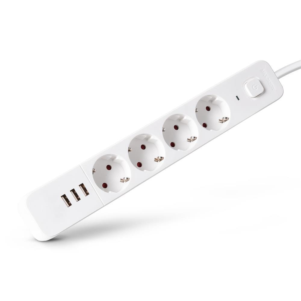 Entac Stikdåse D2 4 stikdåser med skifter 1,5m 3xUSB A 3G1.5 - Entac