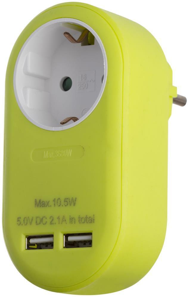 Entac Power Adapter 1 gearet stikdaase og 2 USB (totalt 2.1A) Lime - Entac