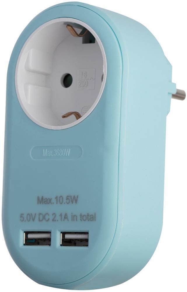 Entac Power Adapter 1 gearet stikdåse og 2 USB (totalt 2,1A) Blå - Entac