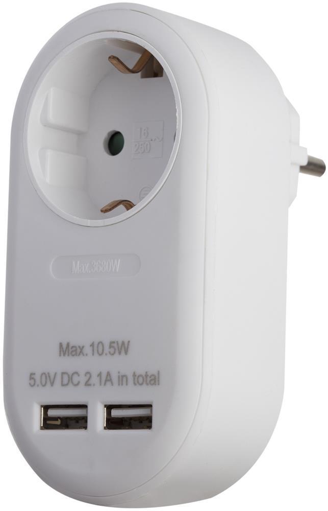 Entac Power Adapter 1 gearet stikdåse og 2 USB (totalt 2,1 A) Hvid - Entac