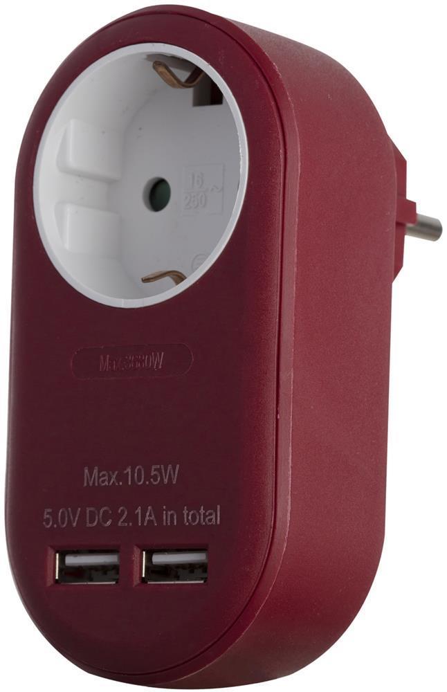 Entac Power Adapter 1 gearet stikdåse og 2 USB (totalt 2,1 A) Burgundy - Entac