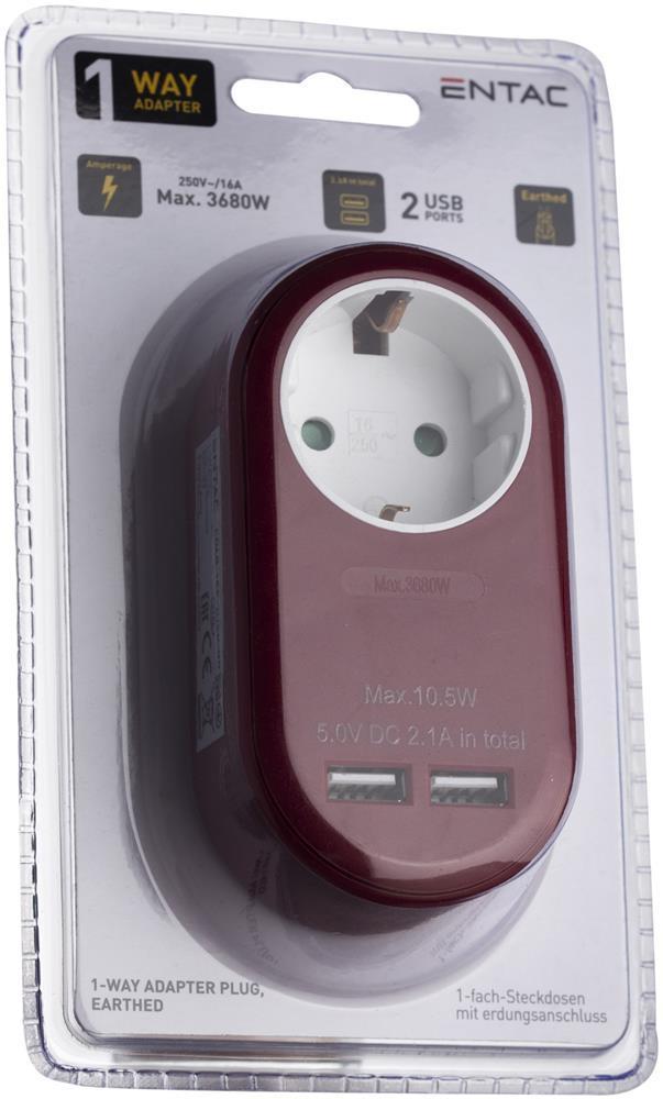 Entac Power Adapter 1 gearet stikdåse og 2 USB (totalt 2,1 A) Burgundy - Entac