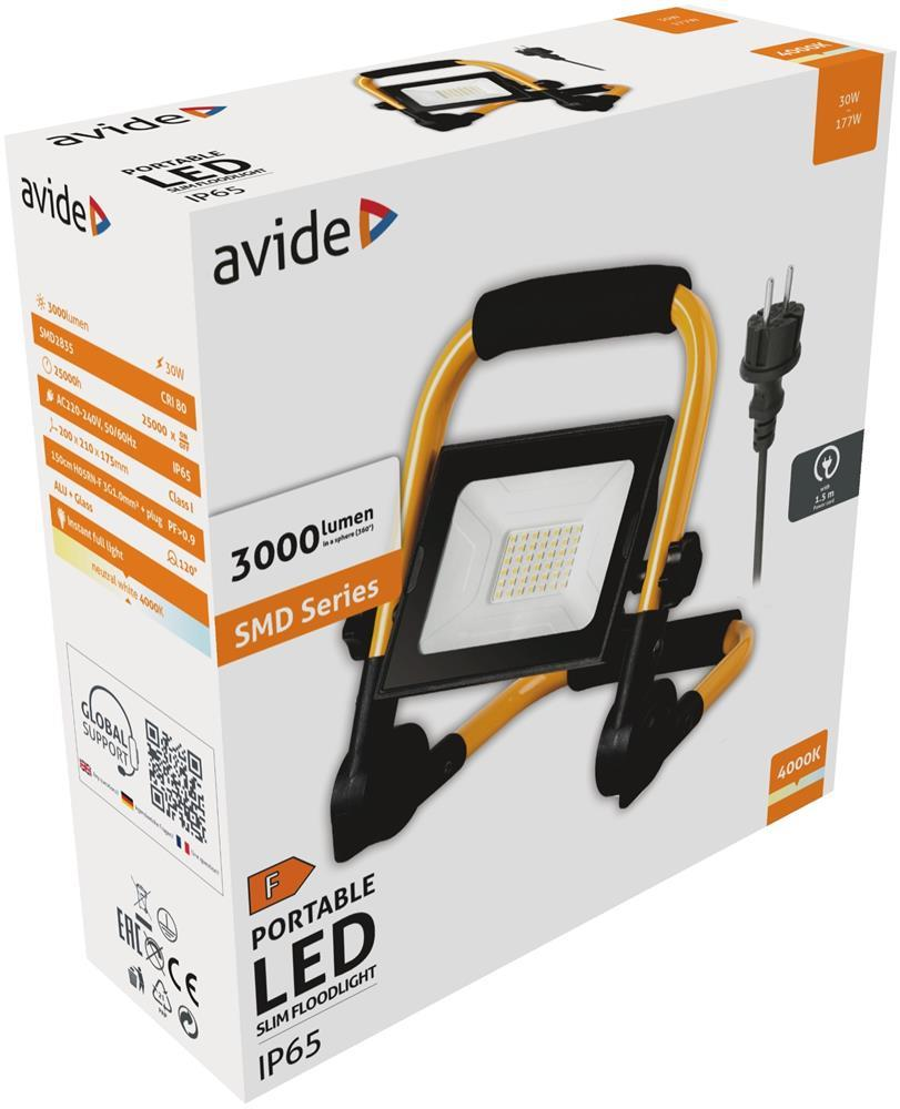 Avide LED Flutlys Slim SMD 30W med stativ 1,5m NW 4000K - Avide