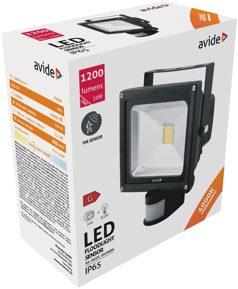 Avide LED Flood Light 20W NW 4000K PIR - Avide