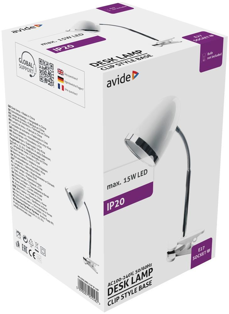 Avide Basic Bordlampe Klemme Hvid E27 maks. 15W - Avide