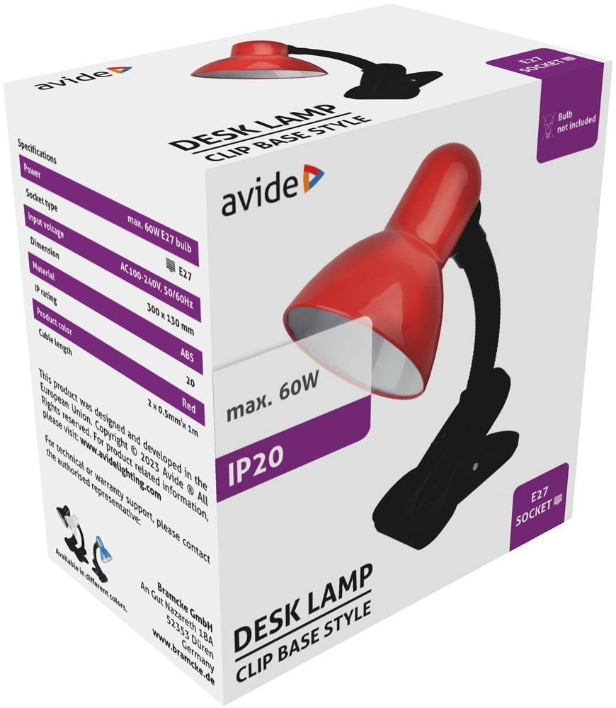 Avide Basic Skrivebordslampe Klips Rød Max 60W - Avide