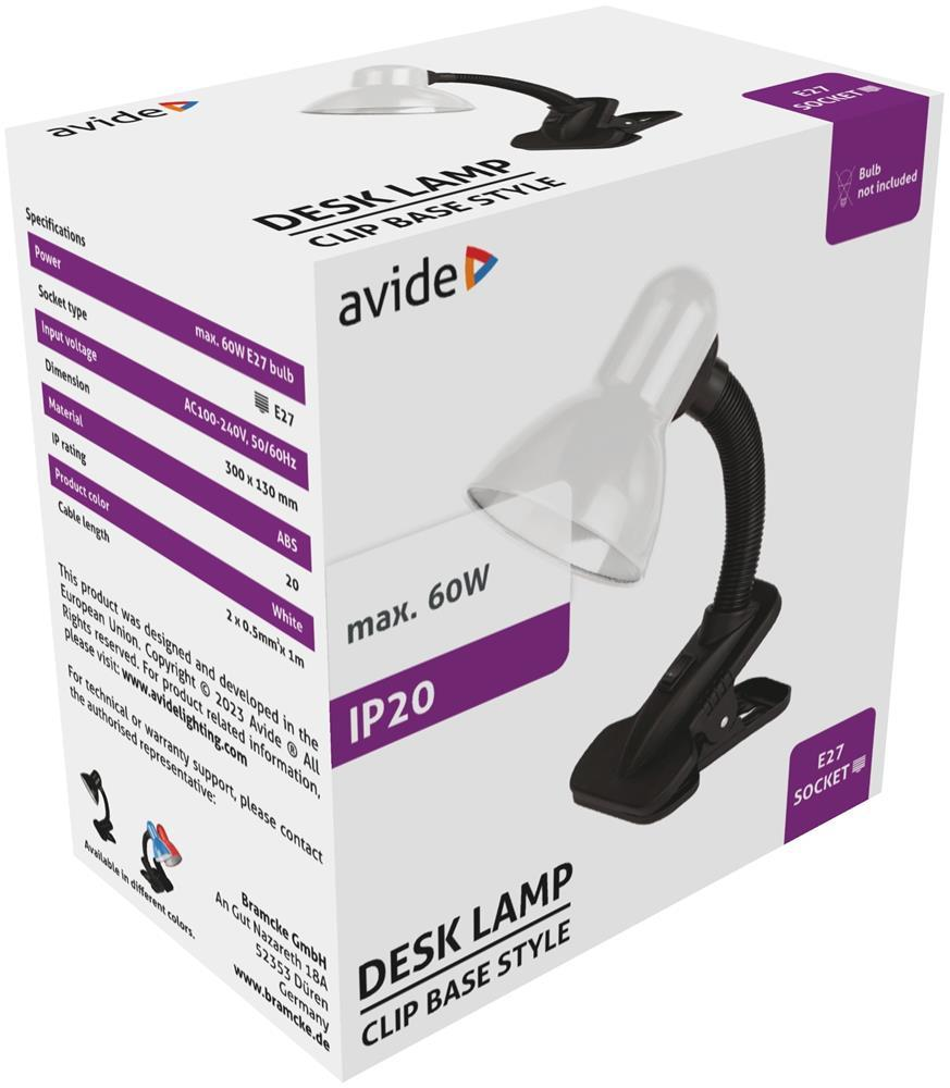 Avide Basic Skrivebordslampe Klemme Hvid Max 60W - Avide