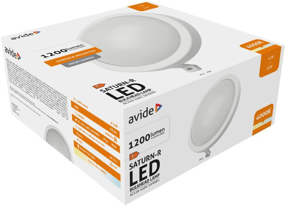 Avide Bulkhead Lamp Saturn-R Round IP54 12W NW 4000K Hvid - Avide