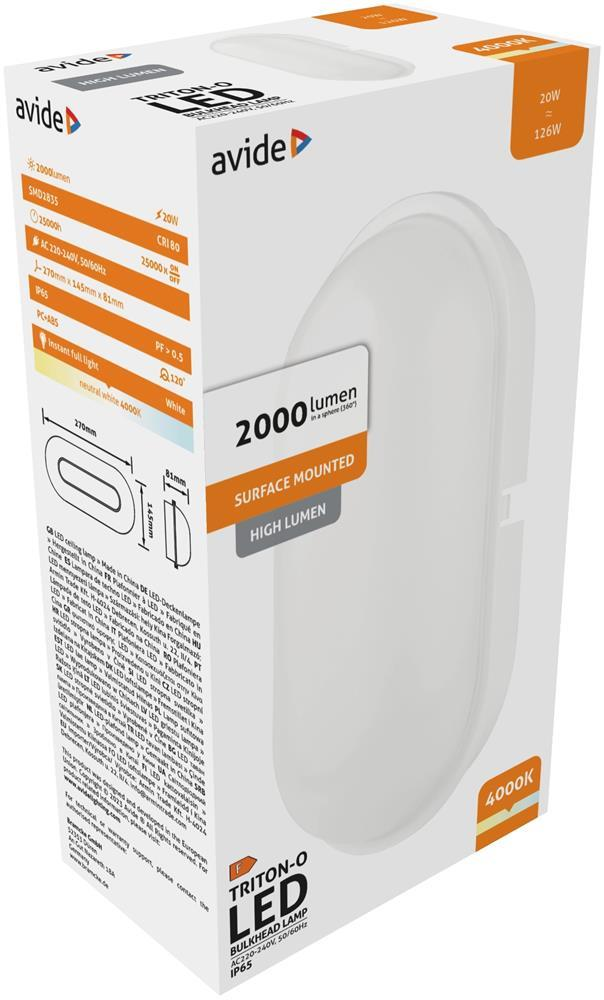 Avide Bulkhead Lamp Triton-O Oval IP65 20W NW 4000K Hvid 100lm/W - Avide