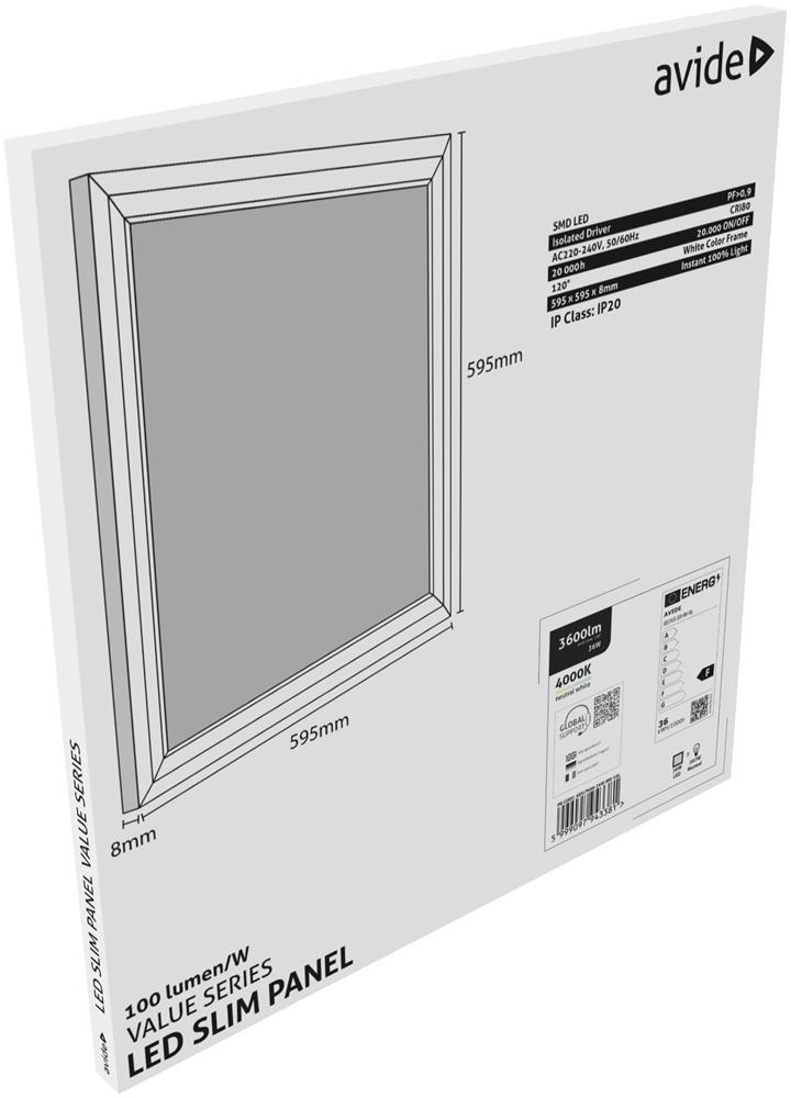 Avide LED Panel 600x600mm 36W NW 4000K 100lm/W Value Range - Avide