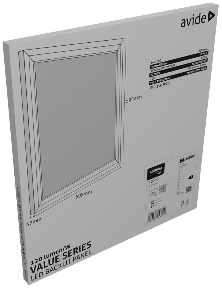 Avide LED Panel 600x600mm 40W NW 4000K 120lm/W Value Range Baggrundsbelyst - Avide