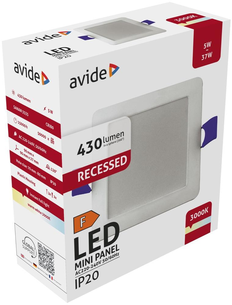 Avide LED Loftlampe Indbygningslampe Panel Kvadratisk Plast 5W WW 3000K - Avide