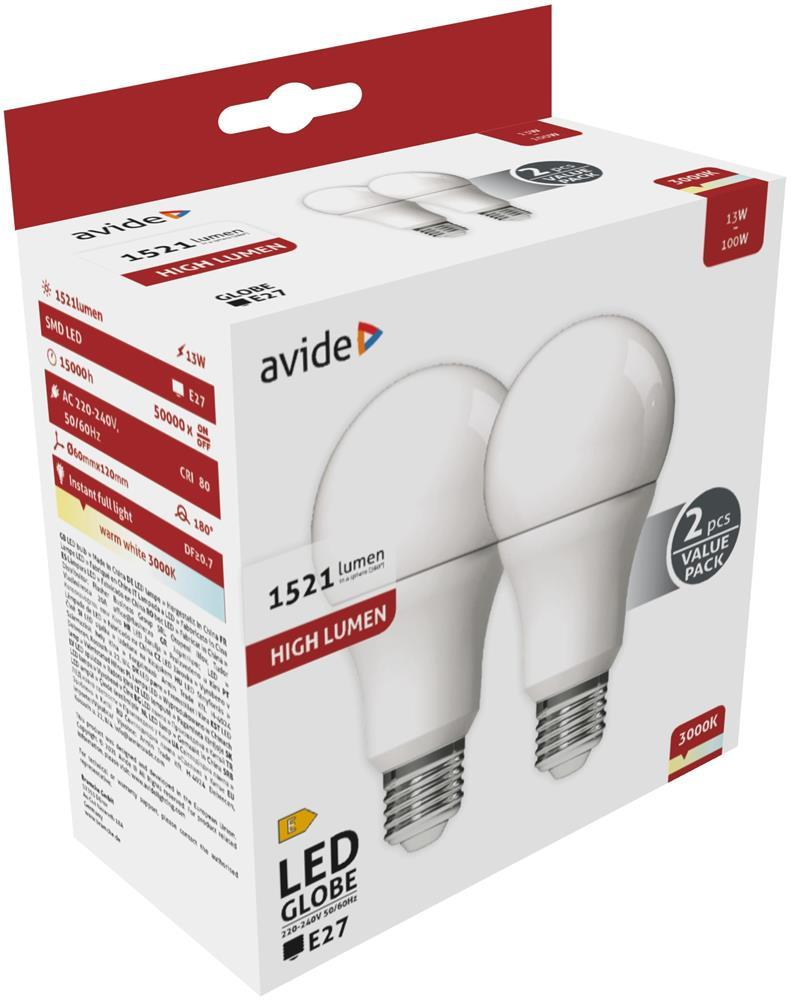 Avide LED Globe Twin Pack A60 13W E27 WW 3000K - Avide