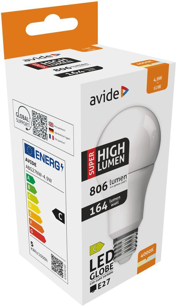 Avide LED Globe A60 4,9W E27 NW 4000K Super High Lumen - Avide
