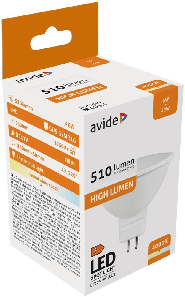 Avide LED Spot ALU+plastic 6W GU5.3 12V NW 4000K - Avide