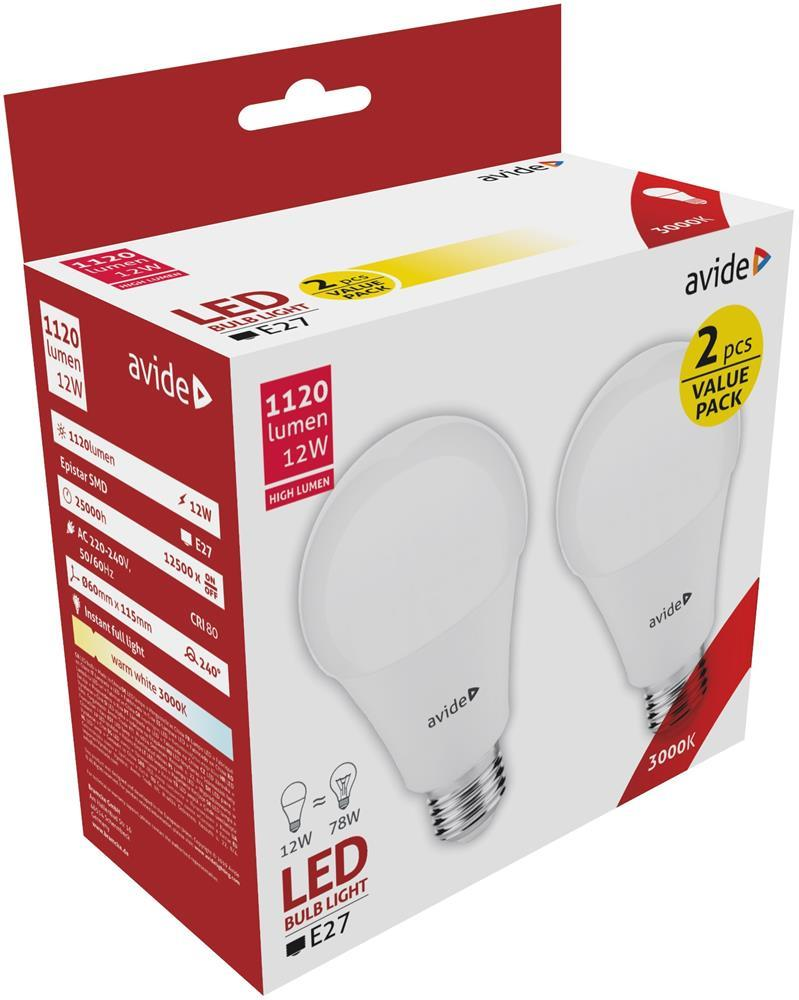 Avide LED Globe Twin Pack A60 12W E27 WW 3000K - Avide