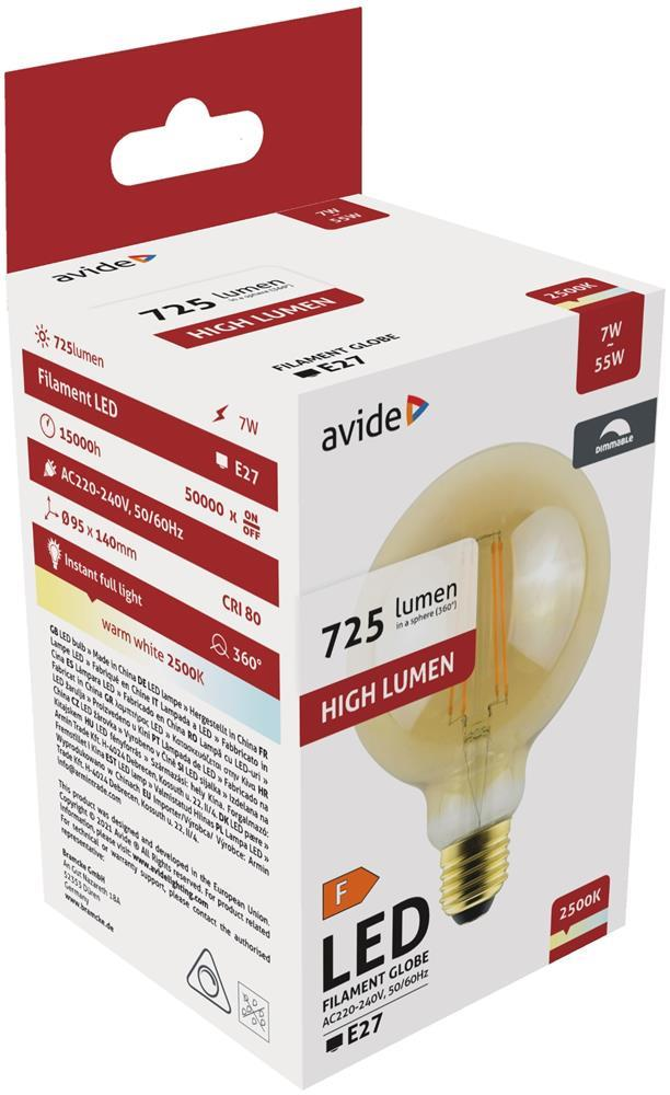 Avide LED Filament Globe G95 7W Dæmpbar/Ravgul E27 WW 2500K - Avide