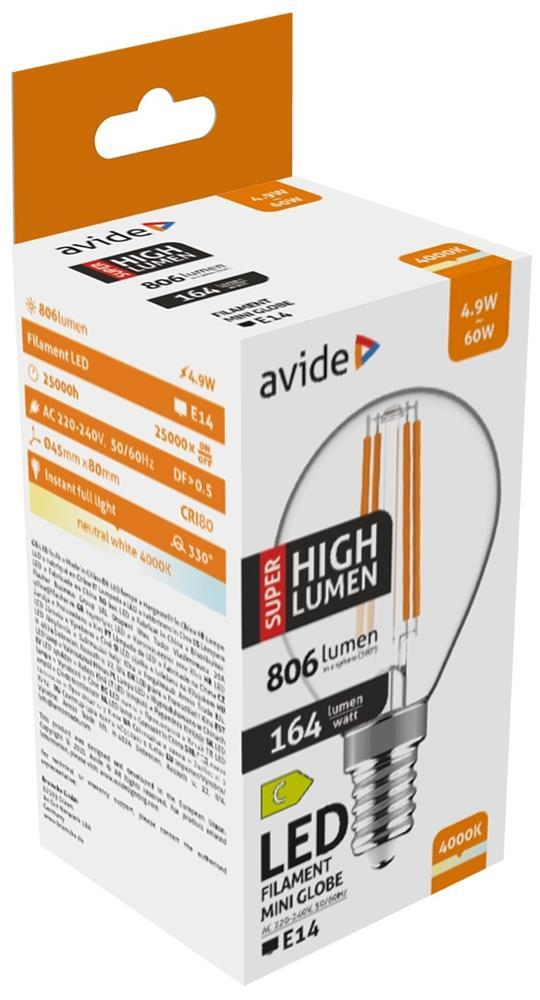 Avide LED Filament Mini Globe 4.9W E14 NW 4000K Super High Lumen - Avide