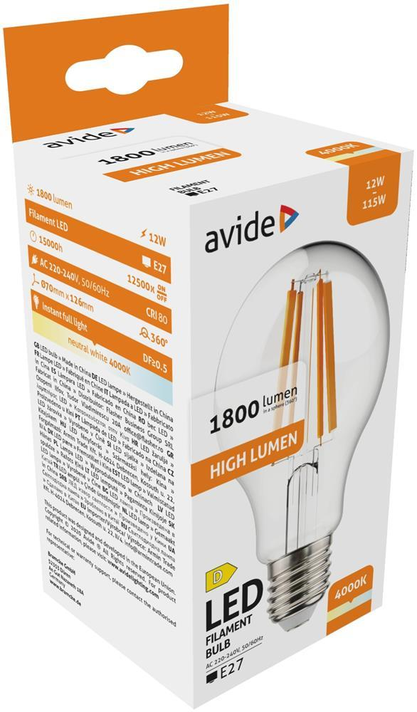 Avide LED Filament Globe 12W E27 A70 180 NW 4000K High Lumen - Avide