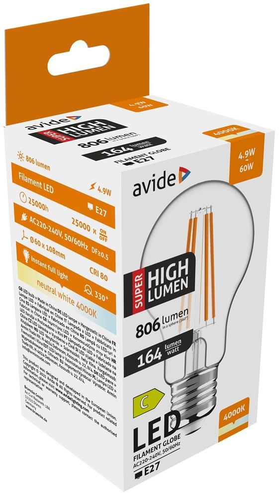 Avide LED Filament Globe 4.9W E27 A60 NW 4000K Super High Lumen - Avide