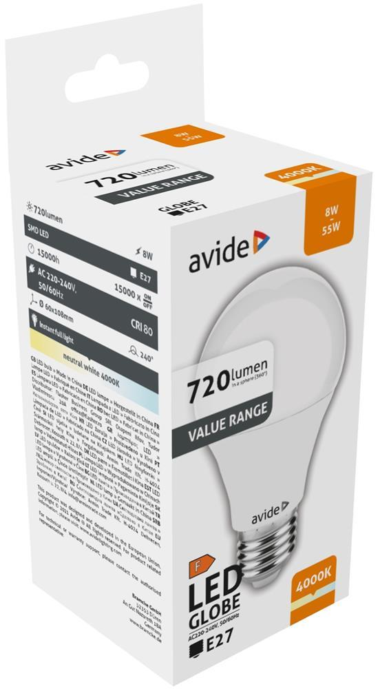 Avide Value LED Globe E27 8W NW 4000K - Avide
