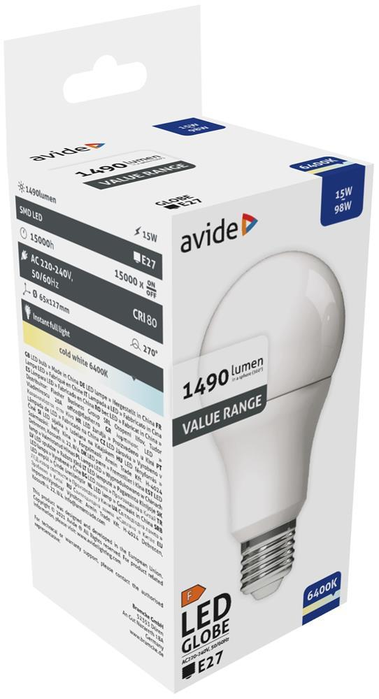 Avide Value LED Globe E27 15W CW 6400K - Avide