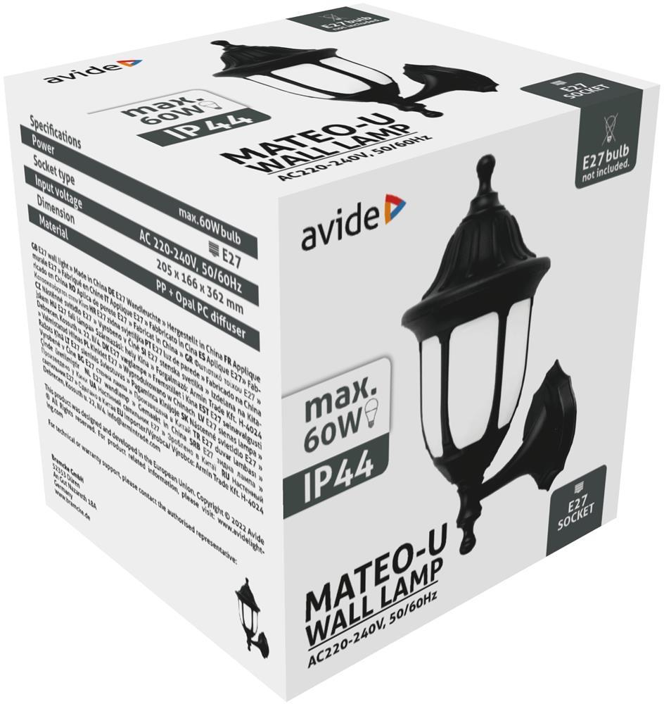 Avide Væglampe Mateo-U 1xE27 Sort IP44 - Avide