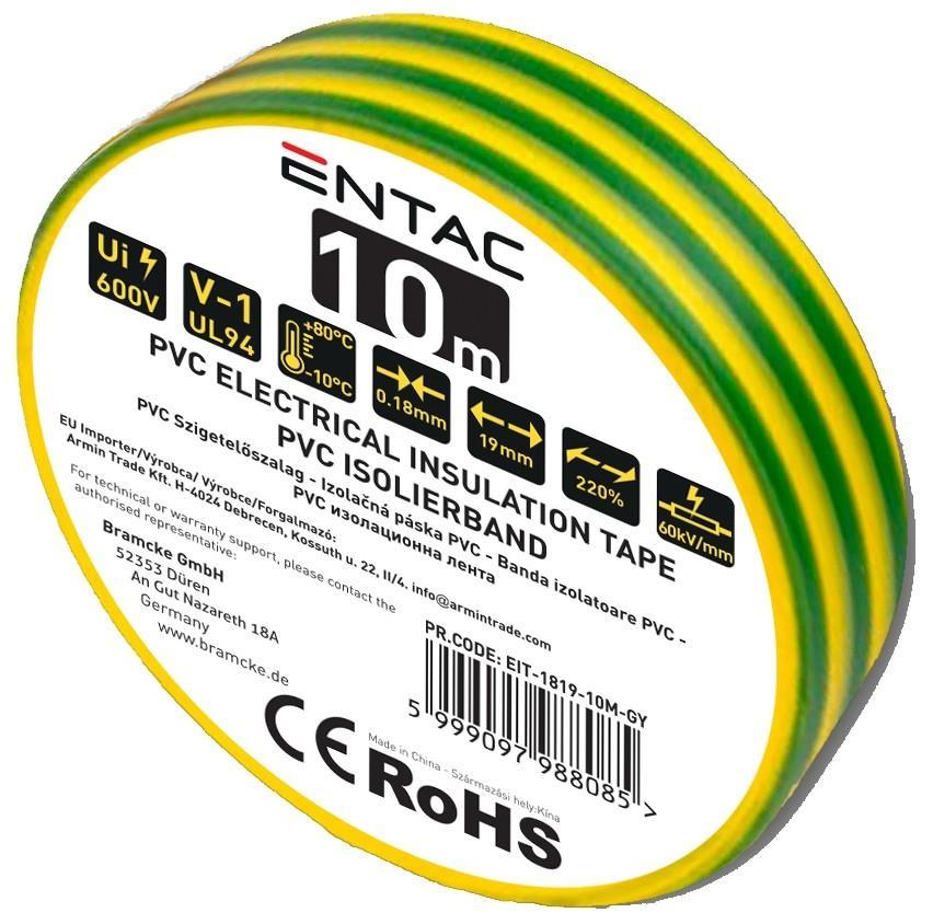 Entac Isoleringstape 0.18x19mm Grøn-Gul 10m - Entac