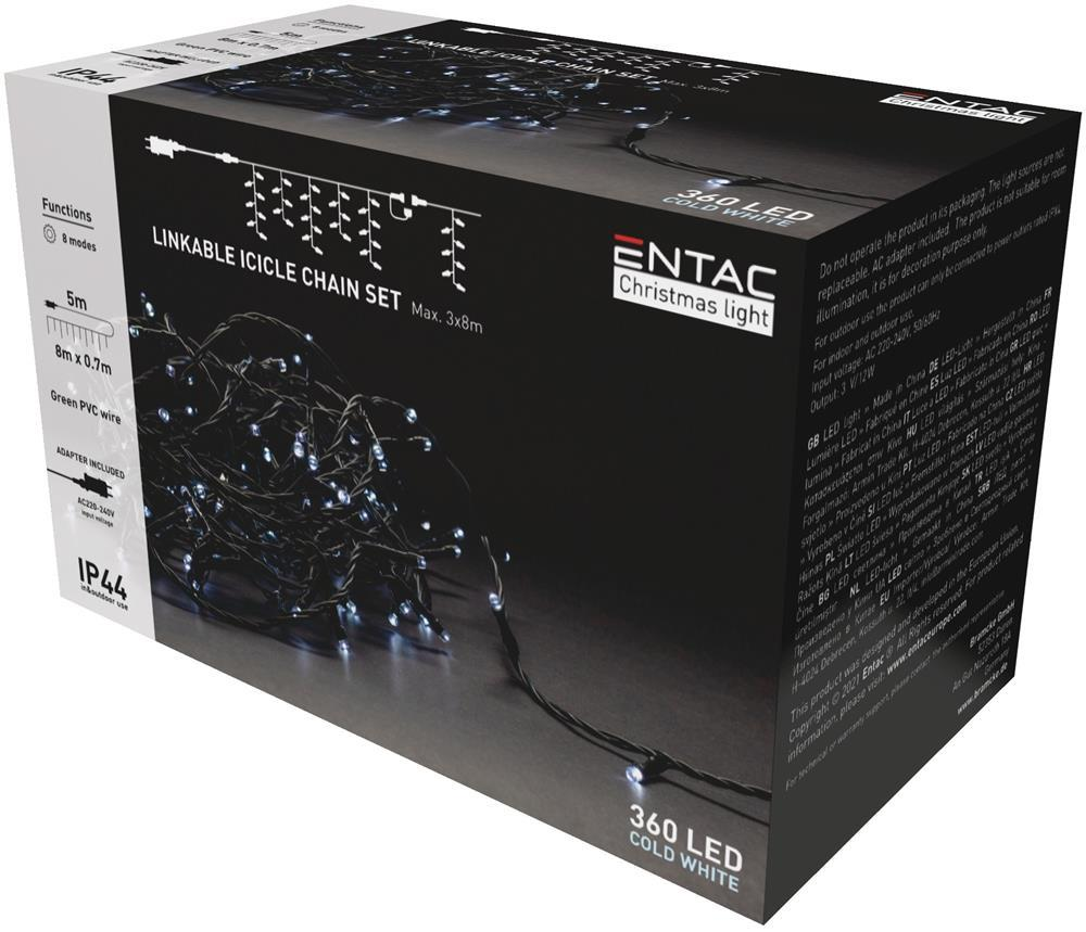 Entac Christmas IP44 360 LED Linkable Icicle Light CW 8m Set med Adapter - Entac