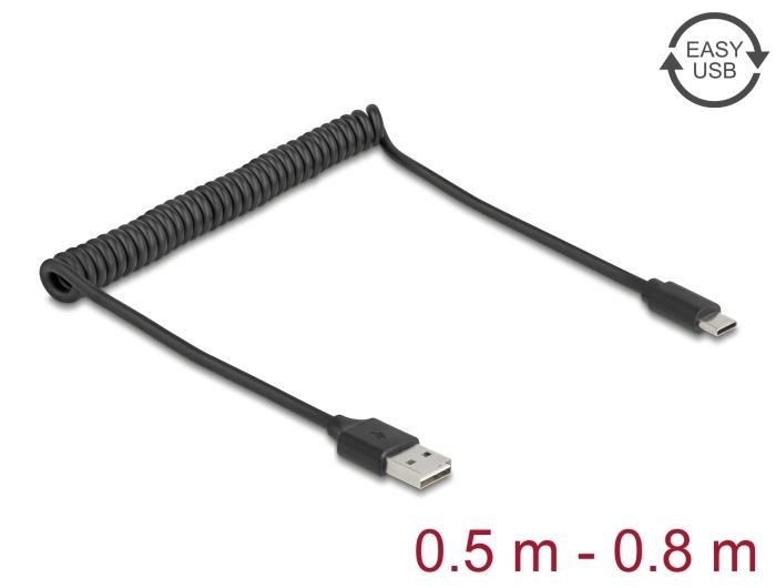 Delock Spiralkabel EASY-USB 2.0 Type-A stik til USB Type-C™ stik 0,5