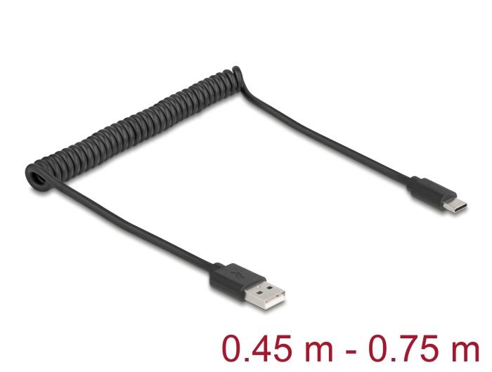 Delock USB 2.0 Spiralkabel USB Type-A stik til USB Type-C™ stik 0,45