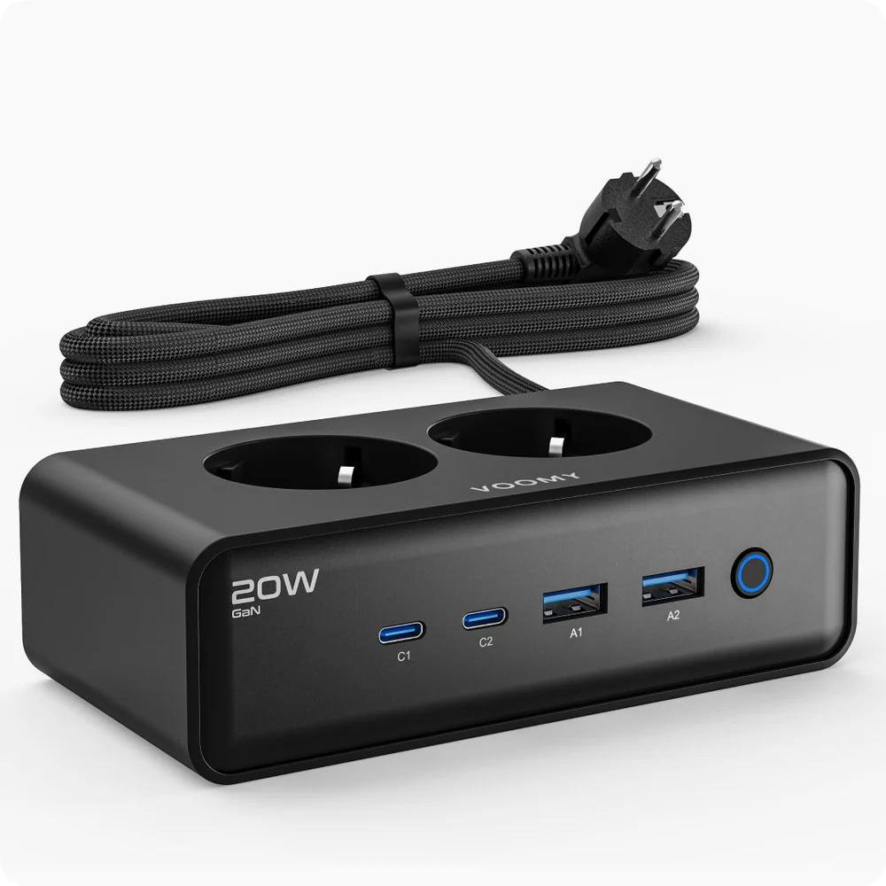 Stikdåse med 2 stikkontakter, 2× USB C og 2× USB A