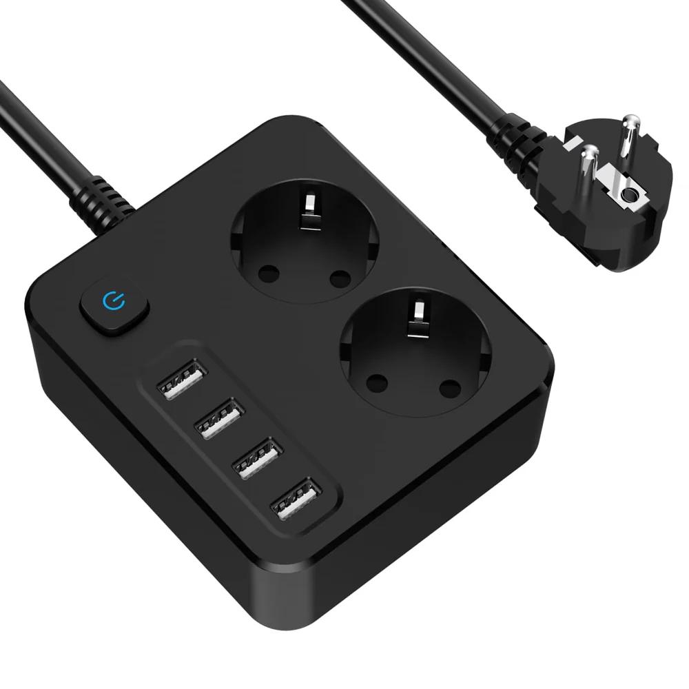 Stikdåse 2-vejs med 4× USB-A tilslutning og strømkabel