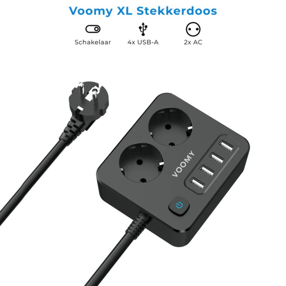 Stikdåse 2-vejs med 4× USB-A tilslutning og strømkabel