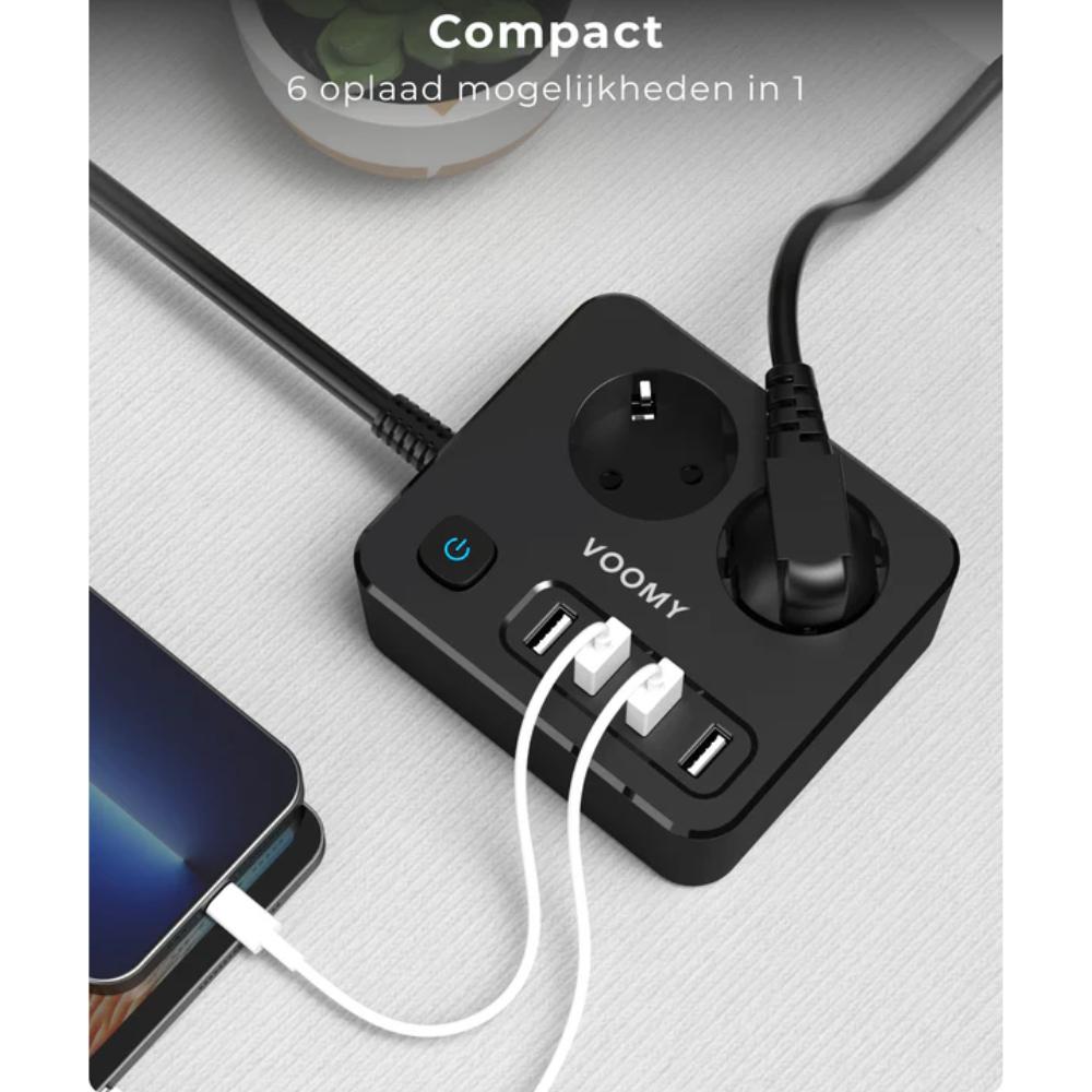 Stikdåse 2-vejs med 4× USB-A tilslutning og strømkabel