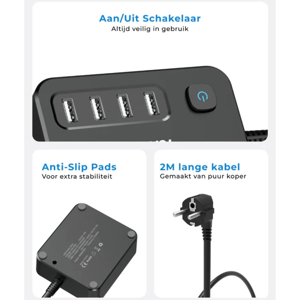 Stikdåse 2-vejs med 4× USB-A tilslutning og strømkabel