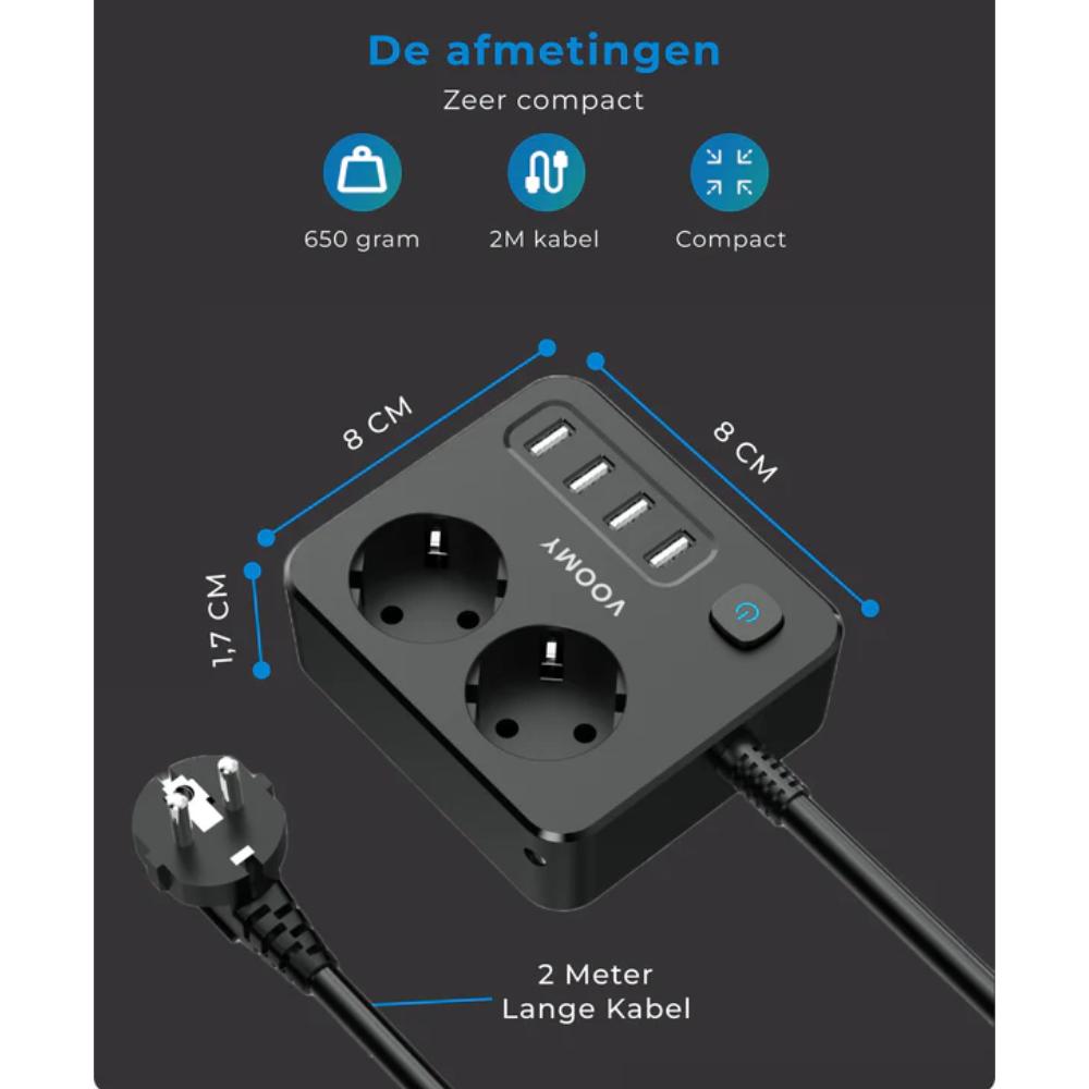 Stikdåse 2-vejs med 4× USB-A tilslutning og strømkabel