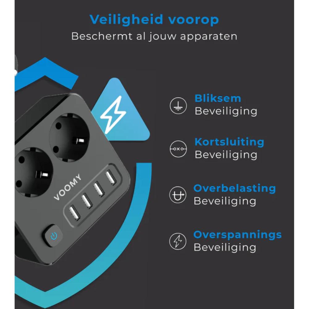 Stikdåse 2-vejs med 4× USB-A tilslutning og strømkabel