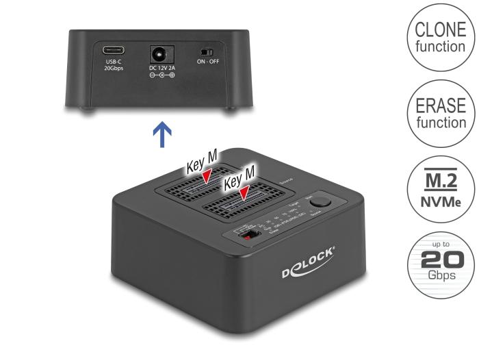 Delock USB 20 Gbps M.2 Dockingstation til 2 x M.2 NVMe PCIe SSD med klon-