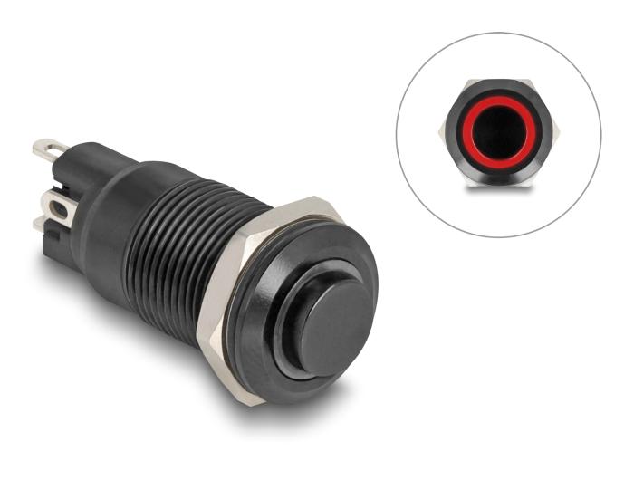 Delock Trykknap til indbygning sort 12 mm 12 V 4 x loddepunkter LED r