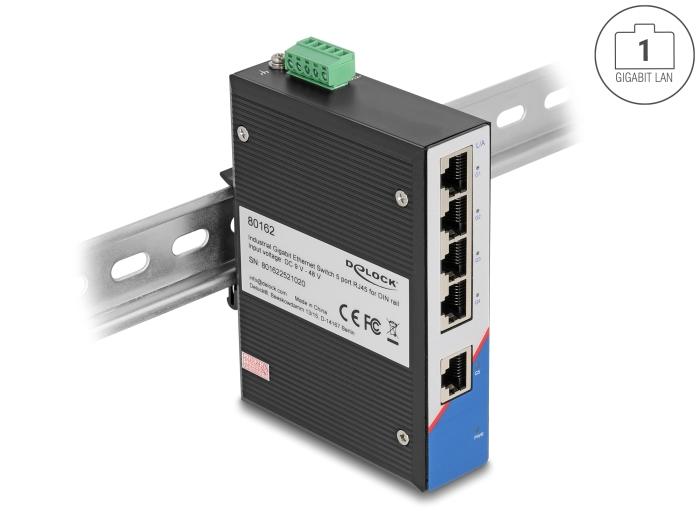 Delock Industriel Gigabit Ethernet Switch 5-ports RJ45 til DIN-skinnemontering