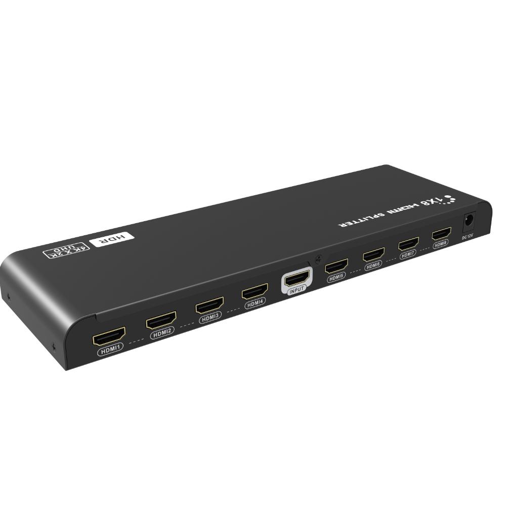 • Mærke: Allteq • Produkt: 8-ports A/V HDMI splitter • Model: LK318EDID-V3.0 • Indgang: 1 x HDMI female • Udgang: 8 x HDMI female • Max. opløsning: 4K@60Hz • Materiale: metal • Farve: sort • Dimensioner: 262 x 81,6 x 23,5 mm • Vægt: 8,1 kg • Driftstemperatur: 0C til 60C Allteq 8-ports A/V HDMI splitter Allteq 8-ports A/V HDMI splitter er den ideelle løsning til at fordele et HDMI-signal til otte separate udgange. Dette gør det nemt at drive flere skærme, tv'er eller projektorer samtidigt med én HDMI-kilde. Takket være det højkvalitets metalhus er enheden robust og holdbar, og splitteren forbliver pålidelig, selv ved intensiv brug. Med understøttelse af en maksimal opløsning på 4K ved 60Hz overføres både billede og lyd knivskarpt og jævnt. Egenskaber ved produktet Splitteren er designet til nem brug og kan tilsluttes direkte uden behov for ekstra software eller installation. Takket være de kompakte dimensioner på 262 x 81,6 x 23,5 mm og det robuste metalhus passer enheden nemt ind i ethvert A/V-system. Med en driftstemperatur på 0 til 60C fungerer splitteren pålideligt under en lang række forhold. Vægten på 8,1 kg sikrer stabilitet og bekræfter designets robusthed. Funktioner • Fordeler ét HDMI-signal til otte HDMI-udgange • Understøtter opløsninger op til 4K ved 60Hz • Solidt metalhus for ekstra holdbarhed • Ingen softwareinstallation påkrævet, klar til brug med det samme Teknisk information Splitteren har én HDMI female indgang og otte HDMI female udgange. Enheden er velegnet til brug i forskellige miljøer og systemer takket være dens brede temperaturområde og stabile ydeevne. På grund af den højkvalitets finish og understøttelse af høje opløsninger er splitteren ideel til professionel brug i blandt andet mødelokaler, præsentationer eller hjemmebiografer. 