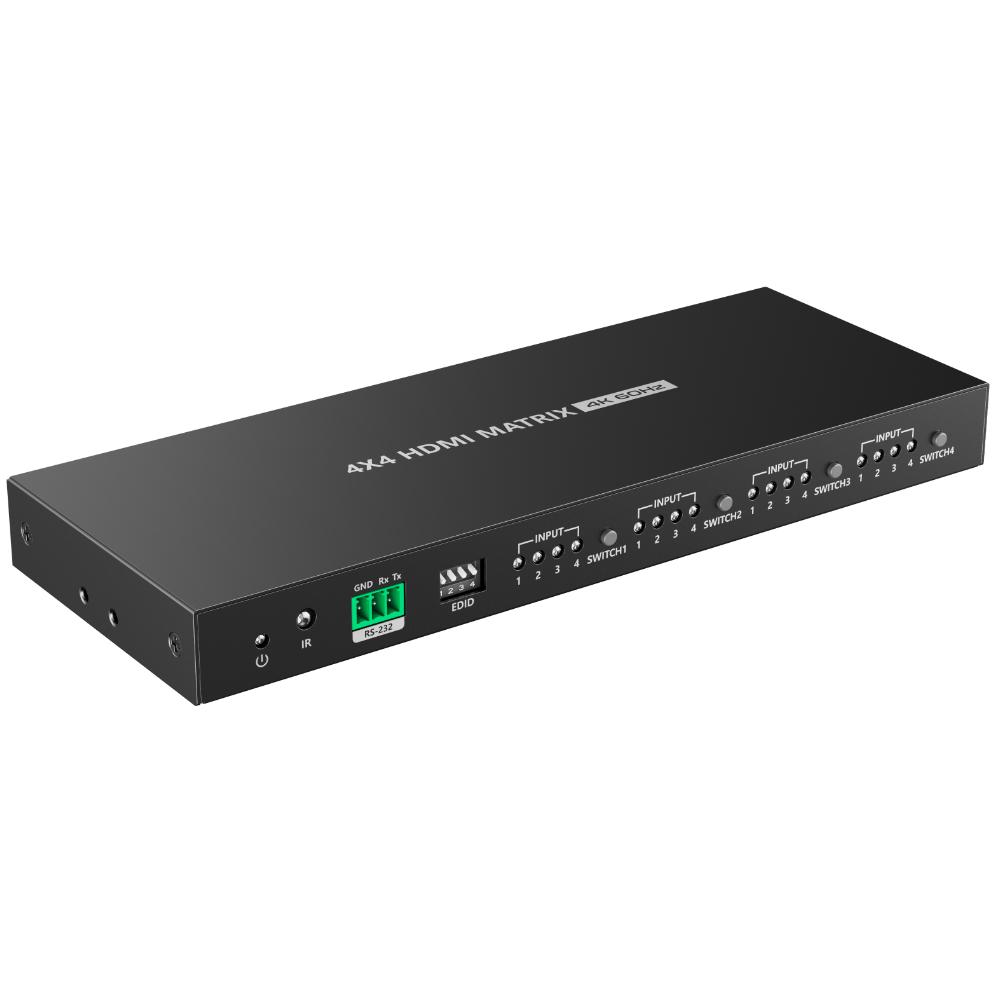HDMI™ Matrix Switch 4x HDMI Indgang til 4x HDMI Udgang – HDMI™ 2.0 – 4K@60HzrnDenne HDMI™-matrix er designet til uafhængigt at skifte mellem flere HDMI™-kildeenheder til flere HDMI™-skærme. Enheden gør det muligt at tildele fire HDMI™-kilder individuelt til fire HDMI™-udgange, hvor hver udgang kan indstilles uafhængigt. Alle signalruter fungerer samtidigt og uafhængigt af hinanden.rnrnHDMI-indgangernHDMI™-matrixen har 4x HDMI hun-indgange. Kildeenheder, der leverer et digitalt lyd- og videosignal, såsom mediespillere, spilkonsoller eller computere med HDMI™-udgang, kan tilsluttes disse indgange.rnrnHDMI-udgangernHDMI™-matrixen har 4x HDMI hun-udgange. Hver udgang kan kobles uafhængigt til en af HDMI™-indgangene og sender det valgte lyd- og videosignal videre til et fjernsyn, en skærm eller en projektor.rnrnBillede- og videounderstøttelsernHDMI™-matrixen understøtter billedopløsninger op til 3840 × 2160 @ 60 Hz (4K UHD). Dette svarer til HDMI™ 2.0-niveauet med en maksimal båndbredde på 18 Gbit/s. Lavere opløsninger understøttes automatisk, hvis de tilbydes af kilden.rnrnHDMI-niveaurnHDMI™ 2.0 – Premium High Speed, egnet til 4K@60Hz videosignaler.rnrnFarve- og billedformaterrnUnderstøtter farveformaterne RGB og YCbCr. Farvekodninger som YCbCr 4:4:4, YCbCr 4:2:2 og YCbCr 4:2:0 sendes igennem inden for HDMI™ 2.0-specifikationen.rnrnHDR-understøttelsernHDR-signaler sendes igennem via pass-through. Videosignalet sendes uændret fra kilde til skærm uden behandling af matrixen.rnrnLydunderstøttelsernUnderstøtter digital lydtransmission via HDMI™. Lyd og video sendes samlet via den samme HDMI™-forbindelse til de valgte udgange.rnrnSignalbehandling og kompatibilitetrnHDMI™-matrixen fungerer med transparent signaltransmission uden billedskalering eller opløsningskonvertering. EDID-kommunikation anvendes automatisk for korrekt tilpasning af opløsning og signalmuligheder mellem kilde og tilsluttede skærme. HDCP-beskyttet indhold understøttes, hvis kilde og skærm tillader det.rnrnSignalretningrnUnidirektionel pr. signalrute. HDMI™-signaler ledes fra kilde til skærm.rnrnStrømforsyningrnEnheden kræver ekstern strømforsyning for stabil drift og samtidig signalbehandling af alle porte.rnrnUdførelsernHuset er udført i metal. Enheden er egnet til fast placering og designet til brug inden for en driftstemperatur på -20 C til 60 C.rnrnSpecifikationerrn• Mærke: Allteqrn• Produkttype: HDMI™-Matrix Switchrn• Model: LK424-AKrn• HDMI-version: HDMI™ 2.0 – Premium High Speedrn• Indgang: 4x HDMI hunrn• Udgang: 4x HDMI hunrn• Maks. opløsning: 3840 × 2160 @ 60 Hz (4K UHD)rn• Maks. båndbredde: 18 Gbit/srn• Farveformater: RGB, YCbCrrn• HDR: understøttet (pass-through)rn• HDCP: understøttetrn• EDID: automatiskrn• Husmateriale: metalrn• Driftstemperatur: -20 C til 60 Crn• Dimensioner: 210 × 80 × 21 mmrnrnForklaring af brugte termerrn• HDMI™-Matrix Switch: Enhed, hvormed flere HDMI™-kilder individuelt kan tildeles flere HDMI™-udgange.rn• HDMI™ 2.0 – Premium High Speed: HDMI™-standard med en maksimal båndbredde på 18 Gbit/s, egnet til 4K@60Hz video.rn• 4K UHD: Videoopløsning på 3840 × 2160 pixels.rn• Båndbredde: Maksimal datamængde pr. sekund, der sendes via HDMI™.rn• EDID: Automatisk kommunikation af opløsnings- og signalmuligheder mellem kilde og skærm.rn• HDCP: Sikkerhedsprotokol for beskyttet digitalt HDMI™-indhold.rn• Pass-through: Transmission af lyd- og videosignaler uden ændring eller behandling.rn• Unidirektionel: Signaltransmission i én retning, fra kilde til skærm.rn