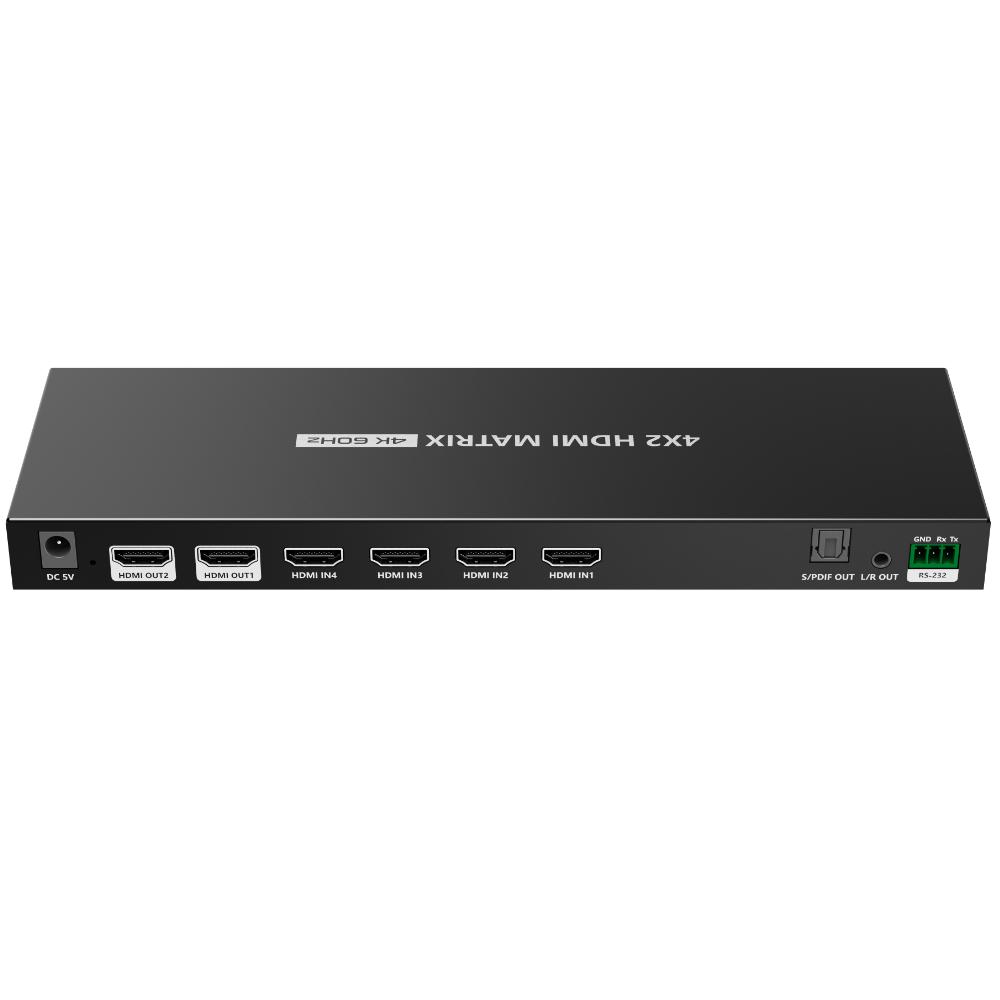 HDMI™-Matrix-Switch 4x HDMI Input til 2x HDMI Output – HDMI™ 2.0 – 4K@60HzrnDenne HDMI™-matrix er designet til uafhængigt at skifte mellem flere HDMI™-kildeenheder til to HDMI™-skærme. Enheden gør det muligt at tildele fire HDMI™-kilder individuelt til to HDMI™-udgange, hvor hver udgang kan konfigureres uafhængigt. Begge udgange kan være aktive samtidigt.rnrnHDMI-indgangernHDMI™-matrixen har 4x HDMI hun-indgange. HDMI™-kildeenheder, der leverer et digitalt lyd- og videosignal, såsom medieafspillere, spilkonsoller eller computere med HDMI™-udgang, kan tilsluttes disse indgange.rnrnHDMI-udgangernHDMI™-matrixen har 2x HDMI hun-udgange. Hver udgang kan uafhængigt kobles til en af HDMI™-indgangene og sender det valgte lyd- og videosignal videre til et tv, en monitor eller en projektor.rnrnBillede- og videounderstøttelsernHDMI™-matrixen understøtter billedopløsninger op til 3840 × 2160 @ 60 Hz (4K UHD). Dette svarer til HDMI™ 2.0-niveauet med en maksimal båndbredde på 18 Gbit/s. Lavere opløsninger videresendes automatisk, hvis de tilbydes af kilden.rnrnHDMI-niveaurnHDMI™ 2.0 – Premium High Speed, velegnet til 4K@60Hz videosignaler.rnrnFarve- og billedformaterrnUnderstøtter farveformaterne RGB og YCbCr. Farvekodninger som YCbCr 4:4:4, YCbCr 4:2:2 og YCbCr 4:2:0 videresendes inden for HDMI™ 2.0-specifikationen.rnrnHDR-understøttelsernHDR-signaler videresendes via pass-through. Videosignalet transmitteres uændret fra kilde til display uden behandling af matrixen.rnrnLydunderstøttelsernUnderstøtter digital lydtransmission via HDMI™. Lyd og video sendes kombineret via den samme HDMI™-forbindelse til de valgte udgange.rnrnSignalbehandling og kompatibilitetrnHDMI™-matrixen fungerer med transparent signaltilførsel uden billedskalering eller opløsningskonvertering. EDID-kommunikation anvendes automatisk for korrekt afstemning af opløsning og signalkapaciteter mellem kilde og tilsluttede skærme. HDCP-beskyttet indhold understøttes, hvis kilde og display tillader det.rnrnSignalretningrnEnsrettet per signalkanal. HDMI™-signaler sendes fra kilde til display.rnrnStrømforsyningrnEnheden kræver ekstern strømforsyning for stabil drift og samtidig signalbehandling af alle porte.rnrnUdførelsernKabinettet er udført i metal. Enheden er velegnet til fast placering og designet til brug inden for en driftstemperatur på -20 C til 60 C.rnrnSpecifikationerrn• Mærke: Allteqrn• Produkttype: HDMI™-Matrix-Switchrn• Model: LK422-AKrn• HDMI-version: HDMI™ 2.0 – Premium High Speedrn• Indgang: 4x HDMI hunrn• Udgang: 2x HDMI hunrn• Maks. opløsning: 3840 × 2160 @ 60 Hz (4K UHD)rn• Maks. båndbredde: 18 Gbit/srn• Farveformater: RGB, YCbCrrn• HDR: understøttet (pass-through)rn• HDCP: understøttetrn• EDID: automatiskrn• Kabinetmateriale: metalrn• Driftstemperatur: -20 C til 60 Crn• Dimensioner: 250 × 80 × 21 mmrnrnForklaring af anvendte termerrn• HDMI™-Matrix-Switch: Enhed, hvormed flere HDMI™-kilder individuelt kan tildeles flere HDMI™-udgange.rn• HDMI™ 2.0 – Premium High Speed: HDMI™-standard med en maksimal båndbredde på 18 Gbit/s, velegnet til 4K@60Hz video.rn• 4K UHD: Videoopløsning på 3840 × 2160 pixels.rn• Båndbredde: Maksimal datamængde pr. sekund, der sendes via HDMI™.rn• EDID: Automatisk kommunikation af opløsnings- og signalkapaciteter mellem kilde og display.rn• HDCP: Sikkerhedsprotokol til beskyttet digitalt HDMI™-indhold.rn• Pass-through: Videresendelse af lyd- og videosignaler uden ændring eller behandling.rn• Ensrettet: Signaltransmission i én retning, fra kilde til display.rn - Allteq