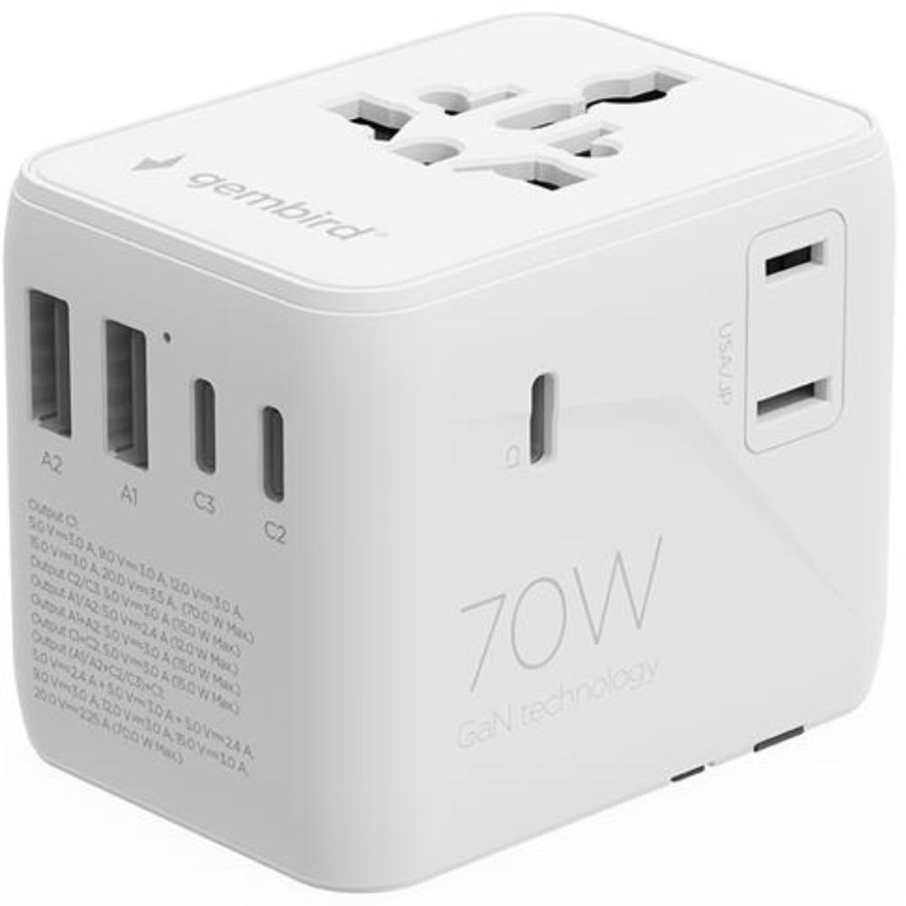 Universal rejseadapter med USB-lader, 70 W, hvid