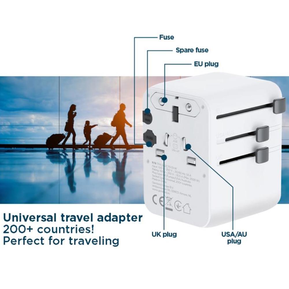 Universal rejseadapter med USB-lader, 70 W, hvid